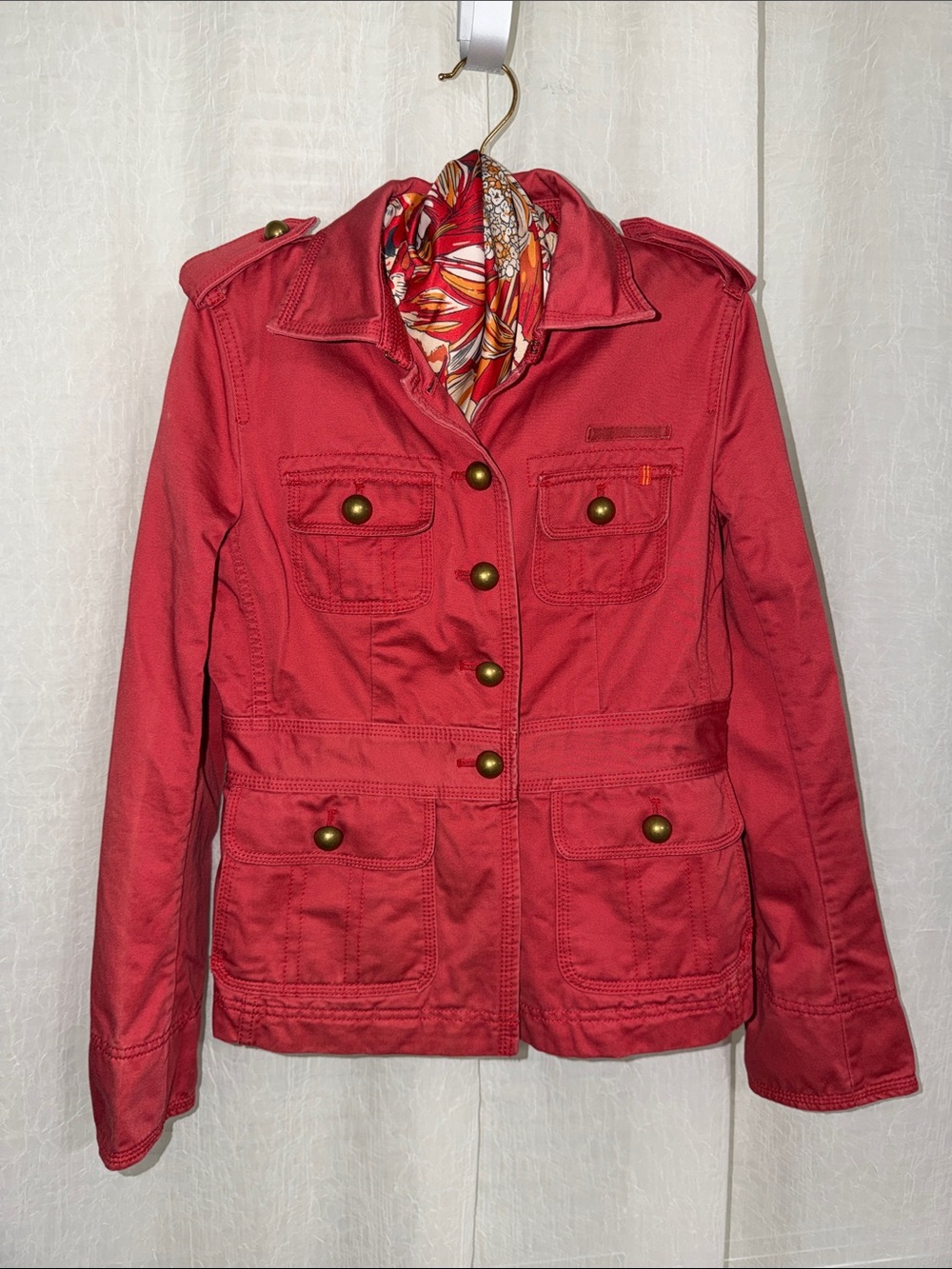 J.Crew XS Nantucket Coral Pink Brass Tone Buttons Military Style Cotton Jacket